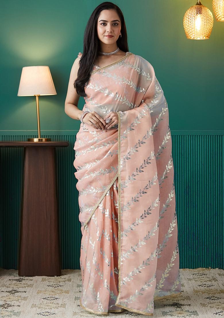 Peach Polka Dots Organza Saree Set
