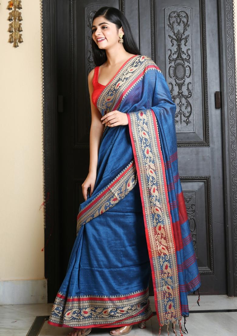 Cobalt Blue Solid Cotton Blend Saree Set