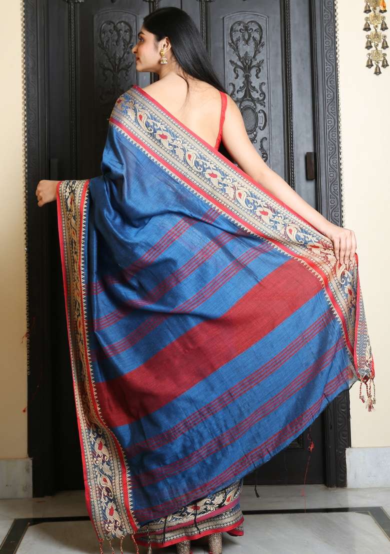 Cobalt Blue Solid Cotton Blend Saree Set for Diwali and Festive Wear - Indya