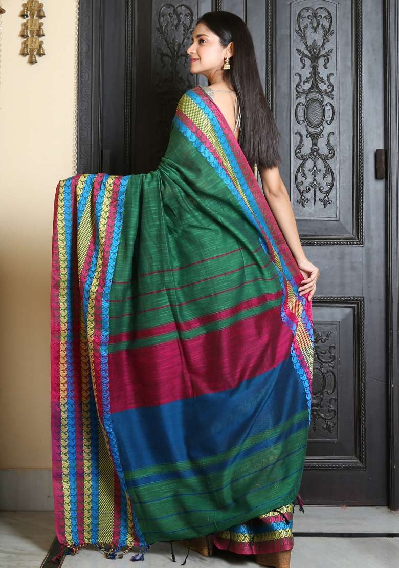 Green Solid Blend Cotton Saree Set for Diwali | Wedding & Festive Wear - Indya