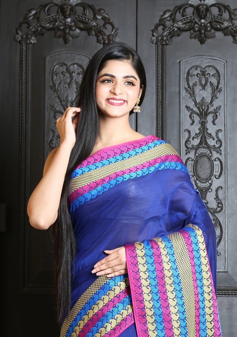 Blue Solid Cotton Blend Saree Set