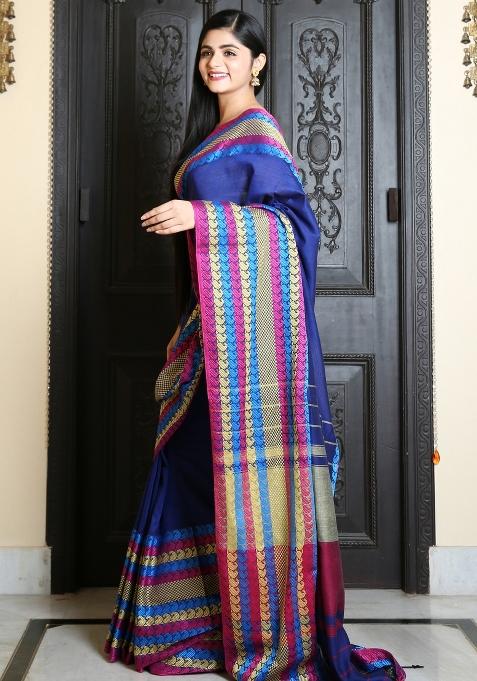 Blue Solid Cotton Blend Saree Set