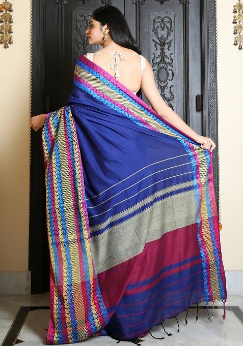 Blue Solid Cotton Blend Saree Set