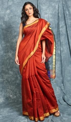Rust Orange Solid Cotton Blend Saree Set