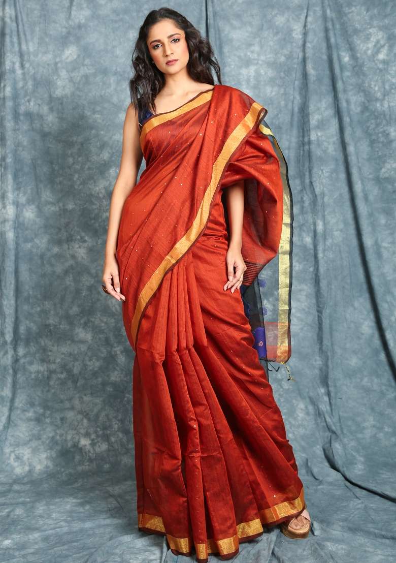 Rust Orange Solid Cotton Blend Saree Set for Diwali and Festive Wear - Indya