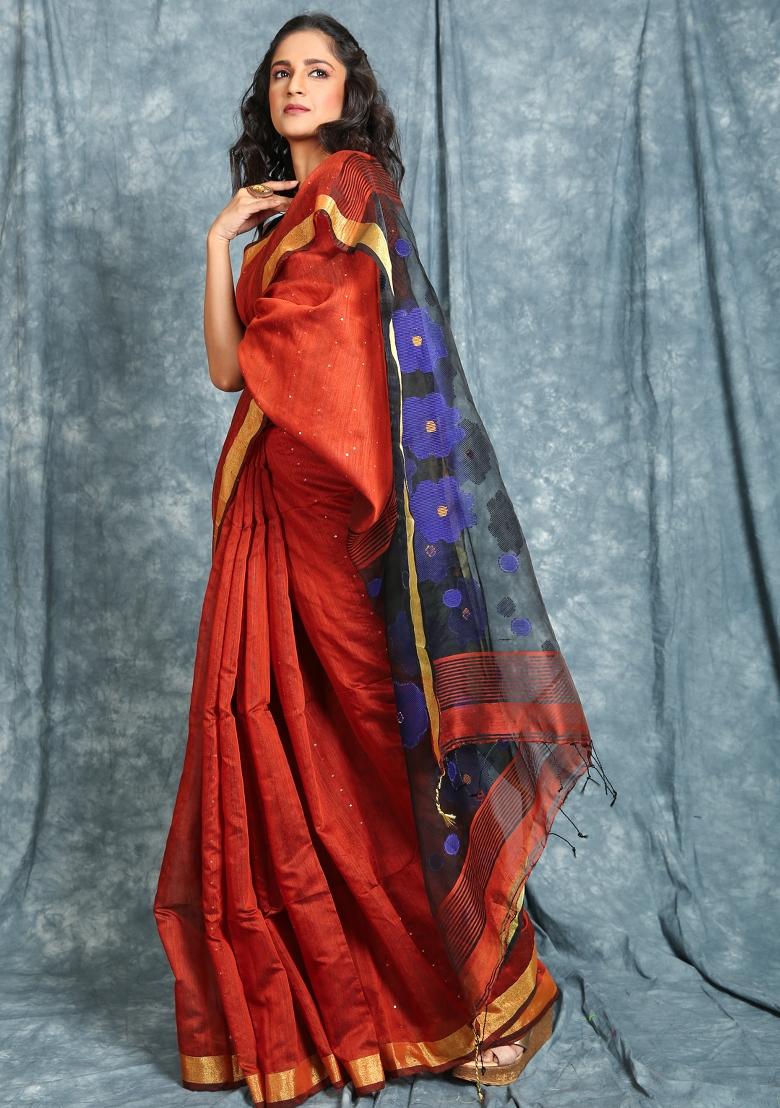 Rust Orange Solid Cotton Blend Saree Set