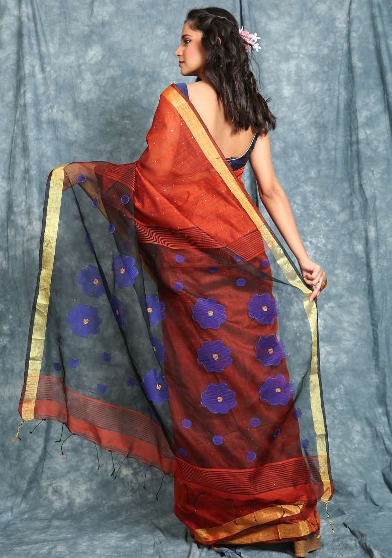 Rust Orange Solid Cotton Blend Saree Set for Diwali and Festive Wear - Indya