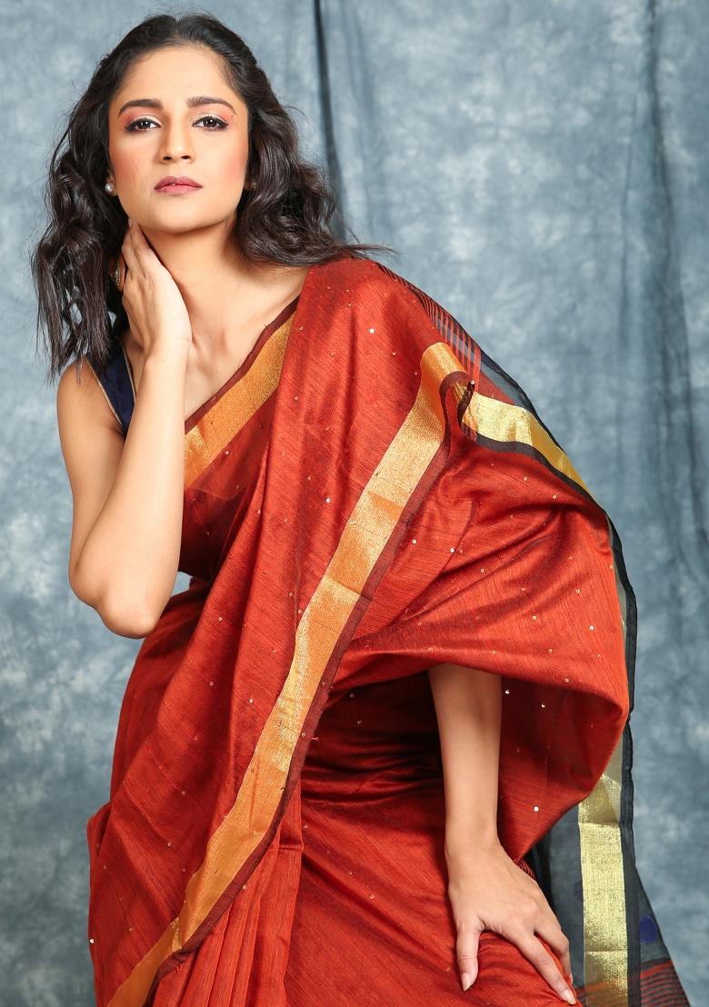 Rust Orange Solid Cotton Blend Saree Set