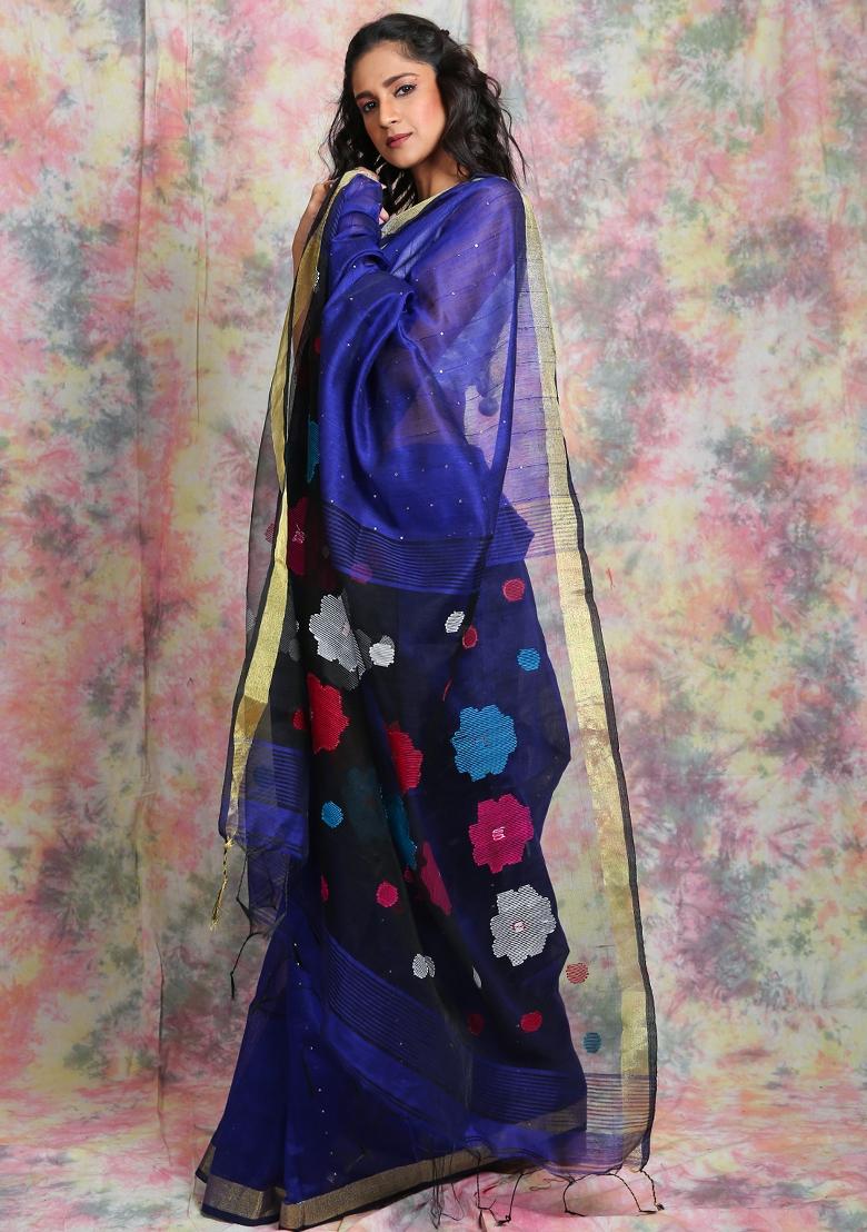 Blue Solid Cotton Blend Saree Set
