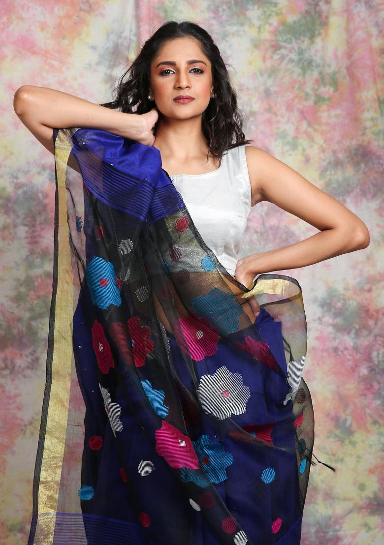 Blue Solid Cotton Blend Saree Set