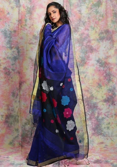 Blue Solid Cotton Blend Saree Set