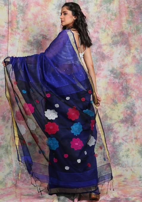 Blue Solid Cotton Blend Saree Set