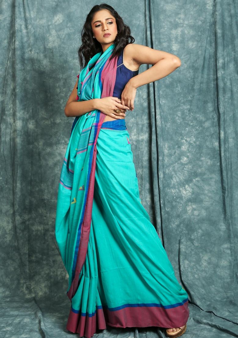 Teal Blue Solid Cotton Blend Saree Set
