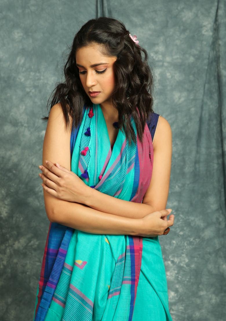 Teal Blue Solid Cotton Blend Saree Set