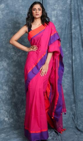 Pink Solid Cotton Blend Saree Set