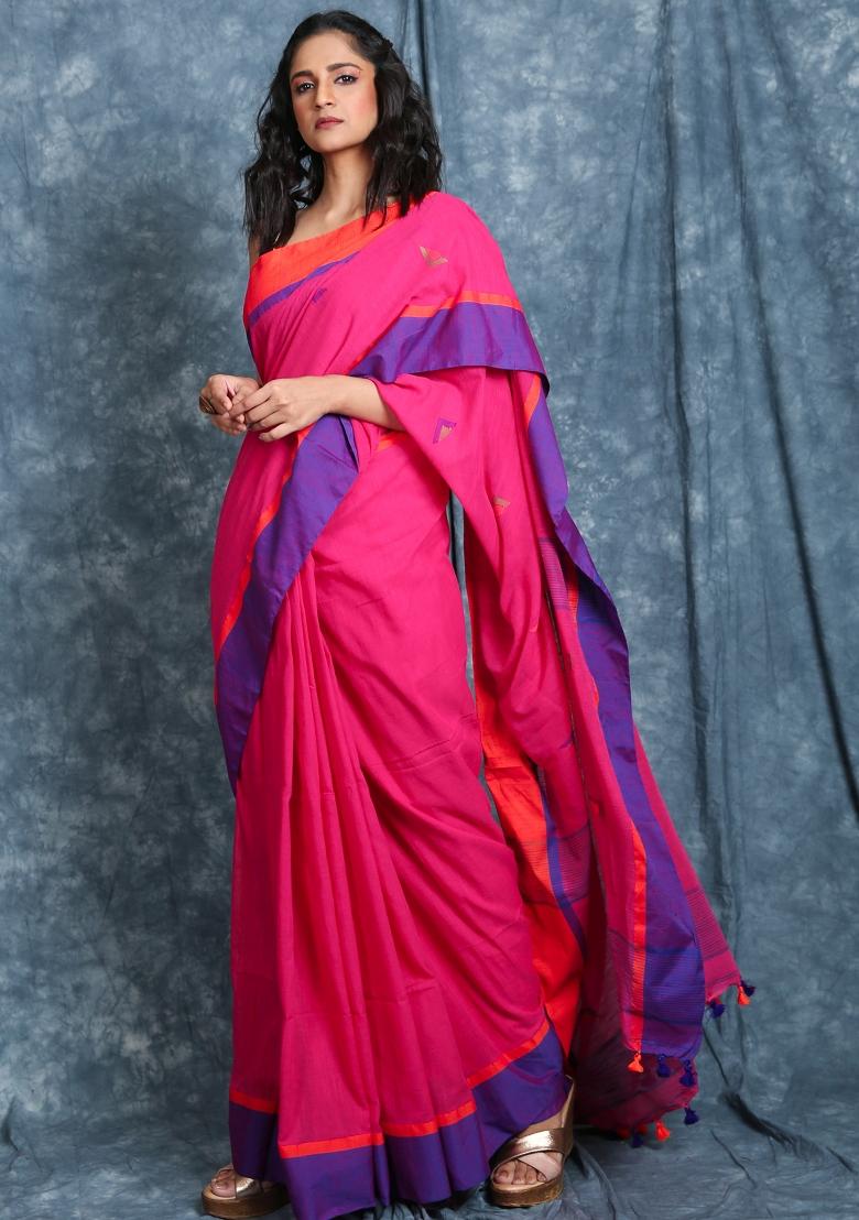 Pink Solid Cotton Blend Saree Set