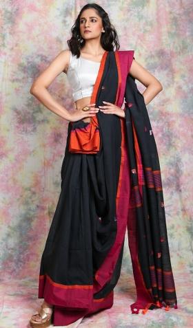 Black Solid Cotton Blend Saree Set