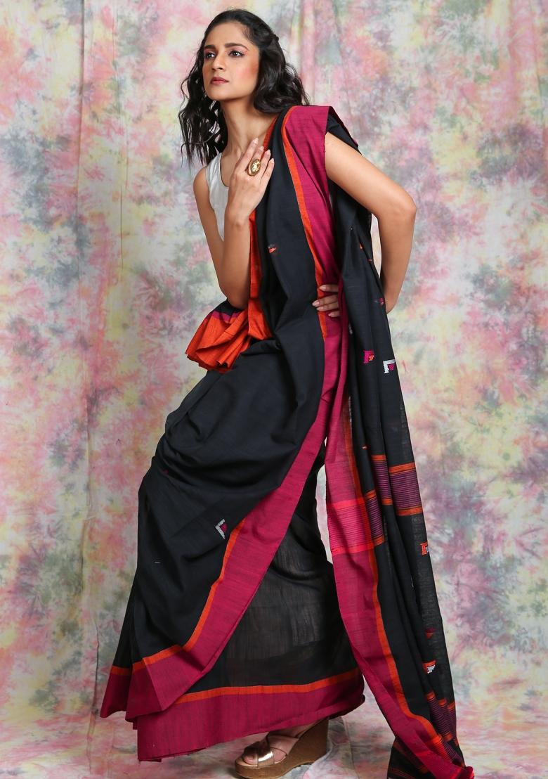 Black Solid Cotton Blend Saree Set