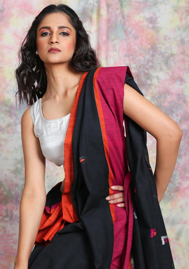 Black Solid Cotton Blend Saree Set