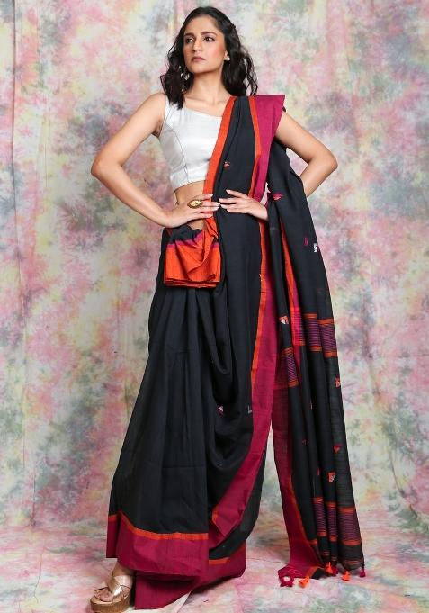 Black Solid Cotton Blend Saree Set
