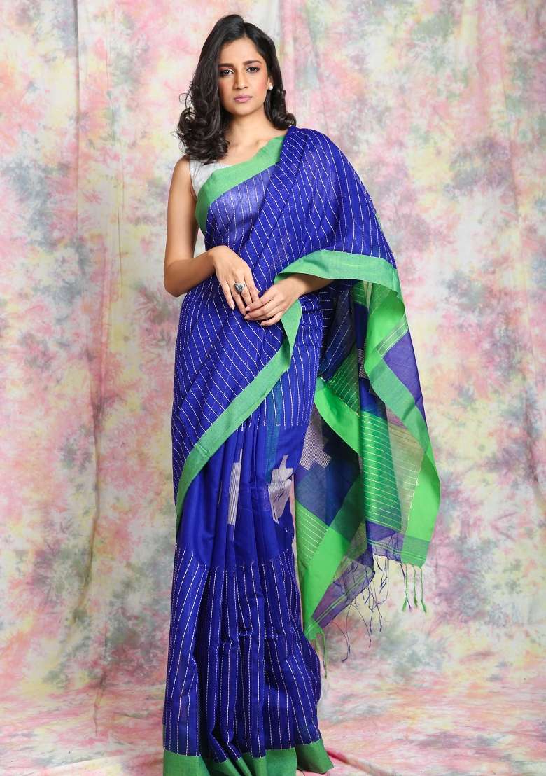Green Solid Cotton Blend Saree Set for Diwali and Festive Wear - Indya