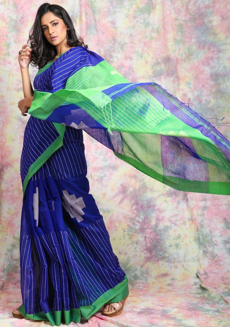 Green Solid Cotton Blend Saree Set