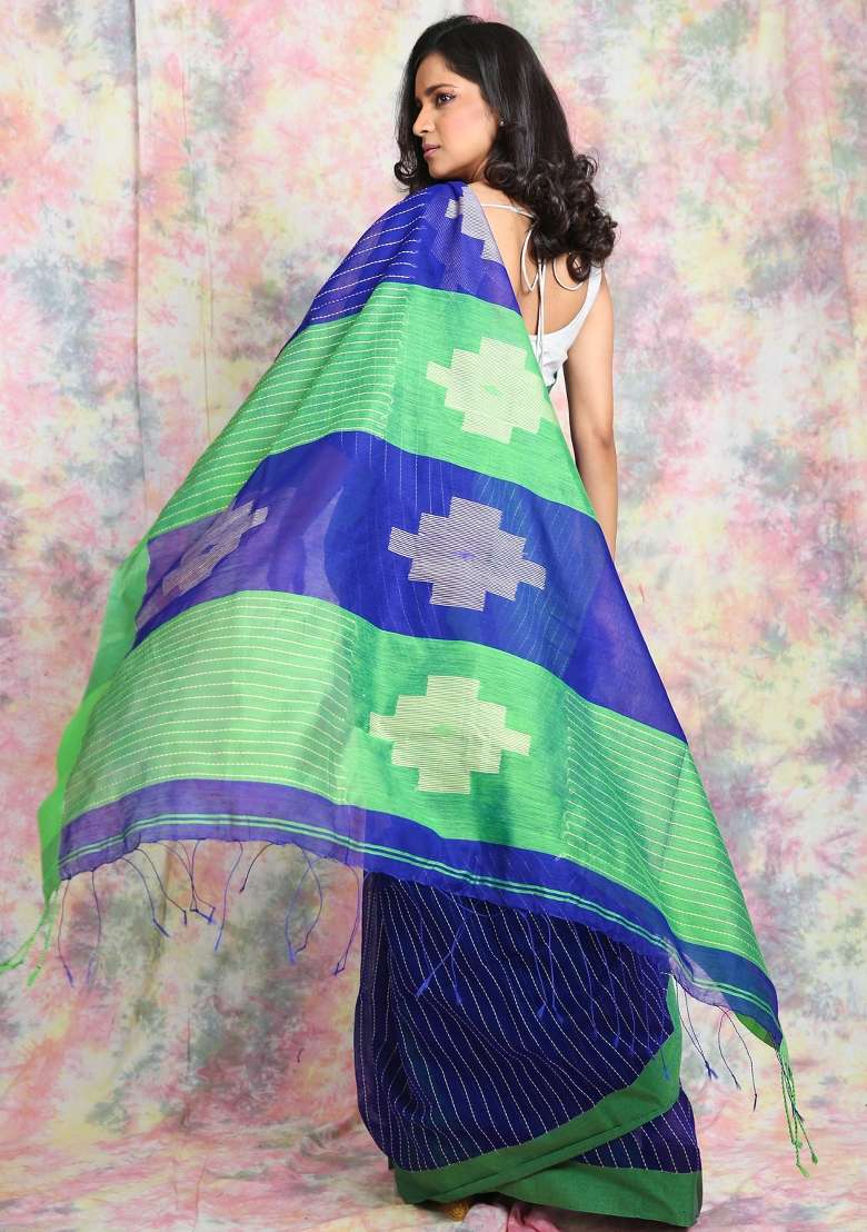 Green Solid Cotton Blend Saree Set for Diwali and Festive Wear - Indya