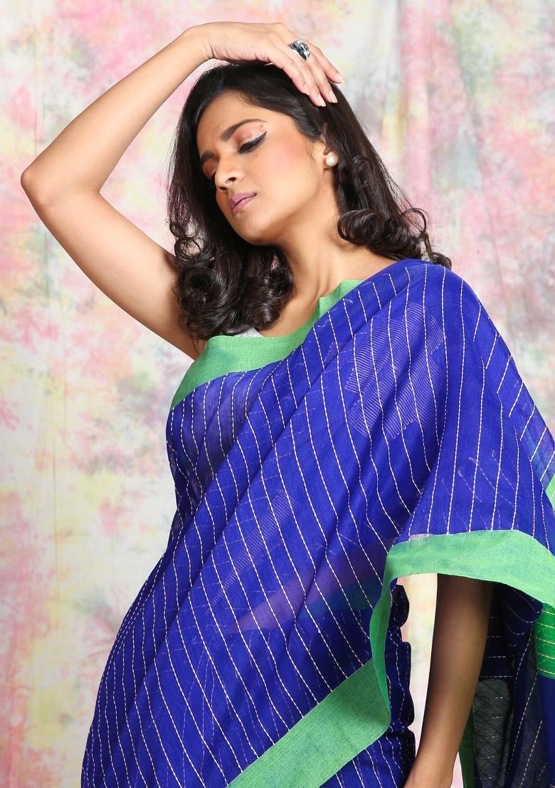 Green Solid Cotton Blend Saree Set