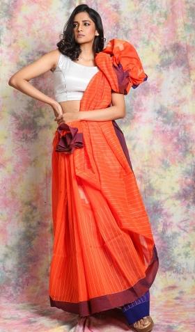 Orange Solid Cotton Blend Saree Set