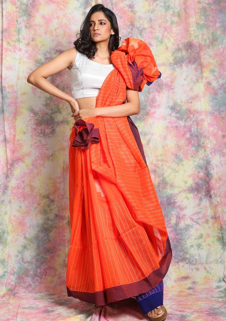 Orange Solid Cotton Blend Saree Set for Diwali and Festive Wear - Indya