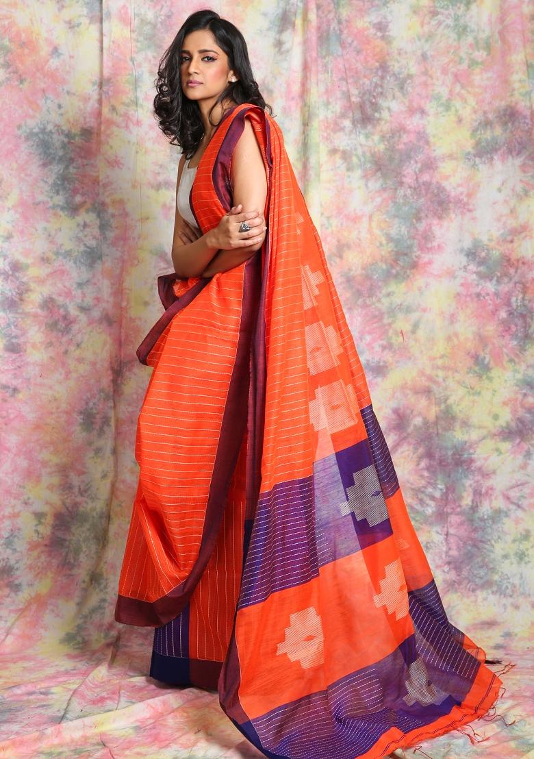 Orange Solid Cotton Blend Saree Set