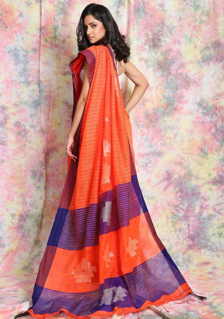 Orange Solid Cotton Blend Saree Set for Diwali and Festive Wear - Indya