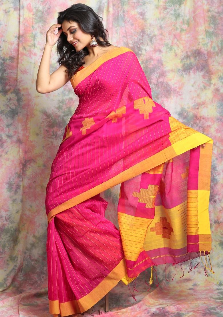 Pink Solid Cotton Blend Saree Set