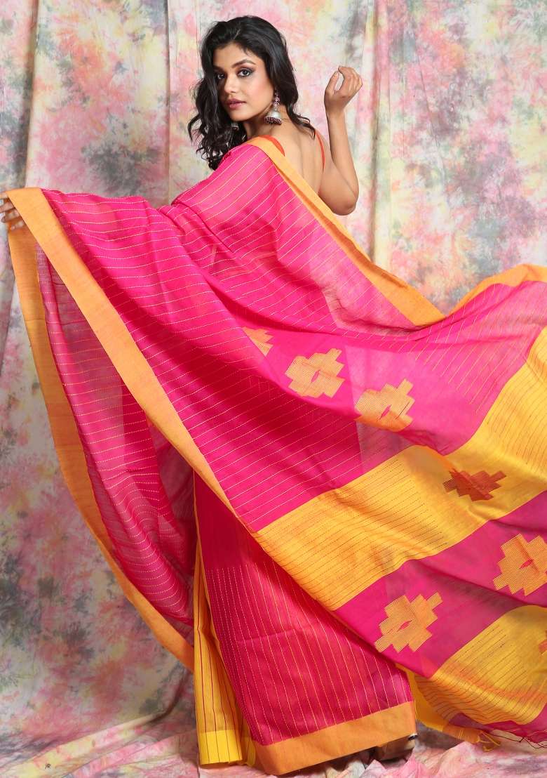 Pink Solid Cotton Blend Saree Set for Diwali and Festive Wear - Indya