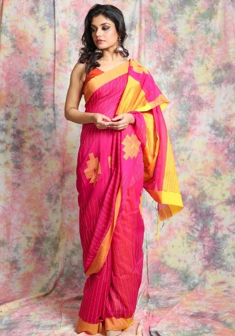Pink Solid Cotton Blend Saree Set