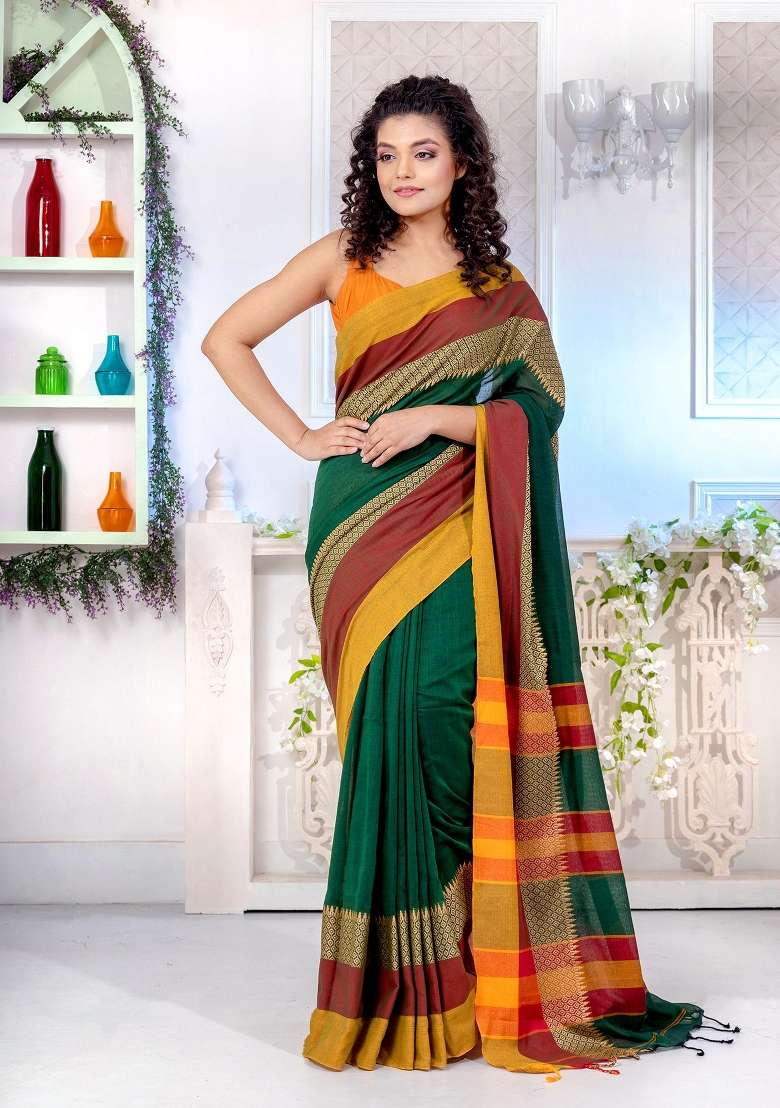 Green Solid Blend Cotton Saree Set for Diwali | Wedding & Festive Wear - Indya