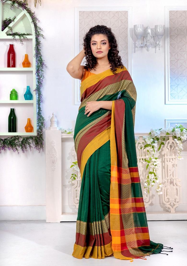 Green Solid Cotton Blend Saree Set