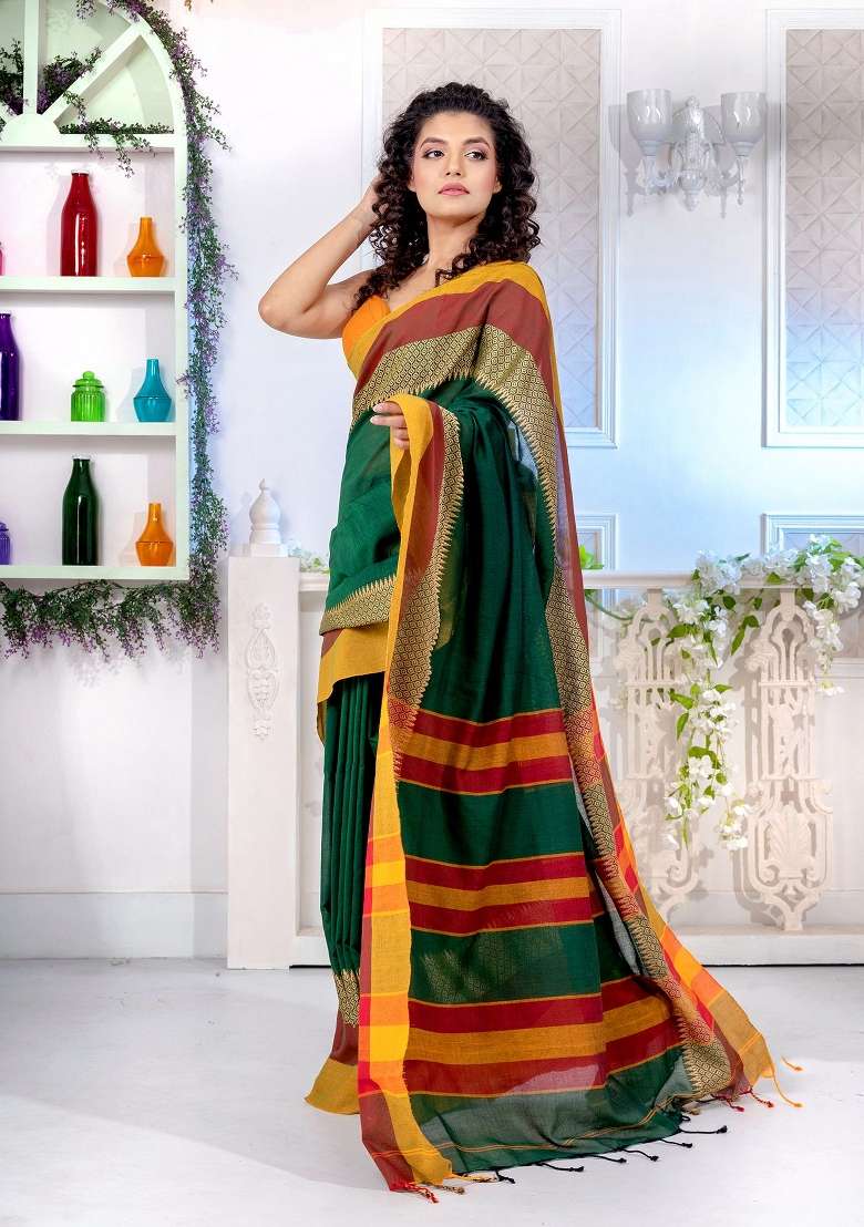 Green Solid Blend Cotton Saree Set for Diwali | Wedding & Festive Wear - Indya