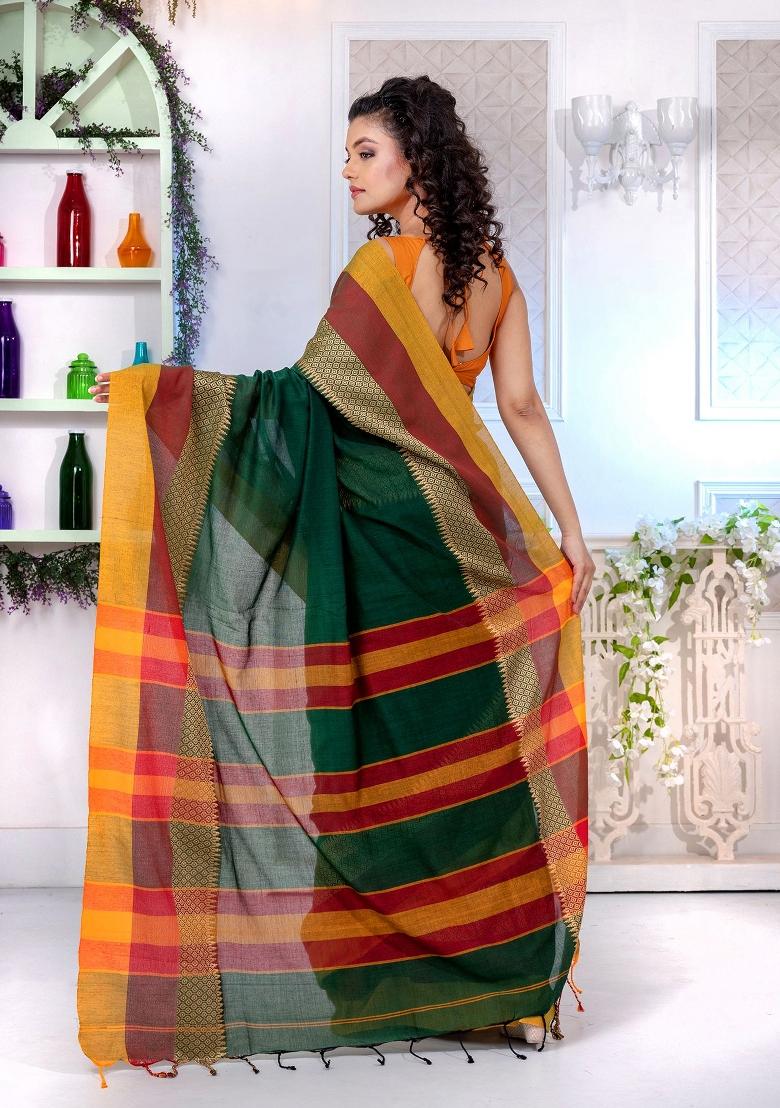 Green Solid Cotton Blend Saree Set