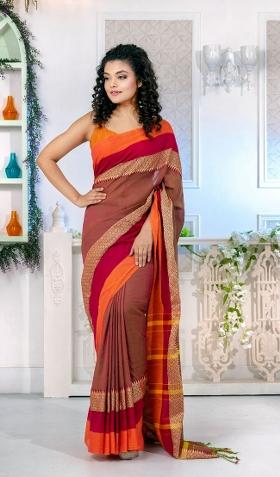Rust Orange Solid Cotton Blend Saree Set
