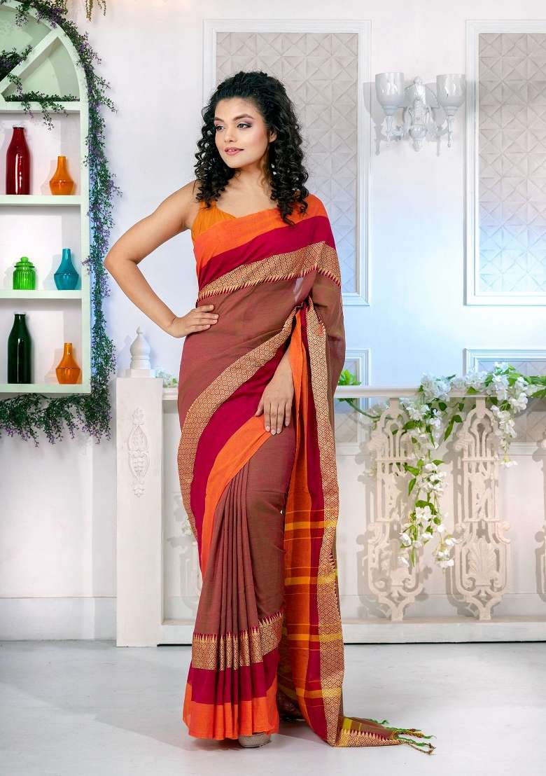 Rust Orange Solid Cotton Blend Saree Set for Diwali and Festive Wear - Indya