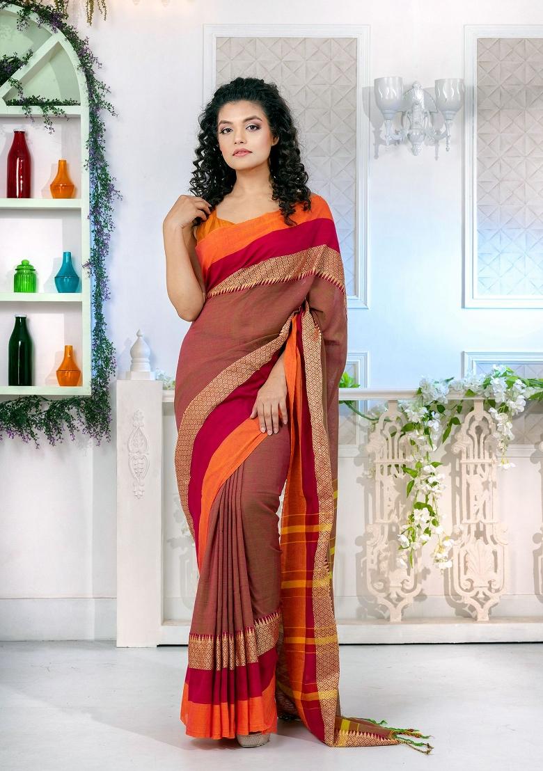 Rust Orange Solid Cotton Blend Saree Set