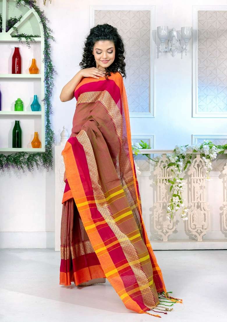 Rust Orange Solid Cotton Blend Saree Set for Diwali and Festive Wear - Indya