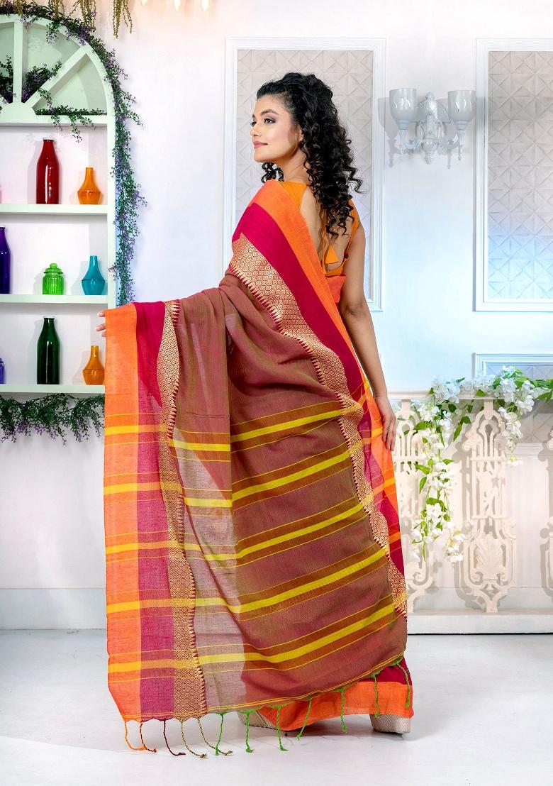 Rust Orange Solid Cotton Blend Saree Set