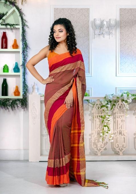 Rust Orange Solid Cotton Blend Saree Set
