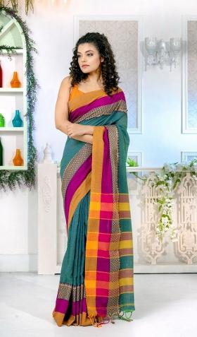 Teal Blue Solid Cotton Blend Saree Set