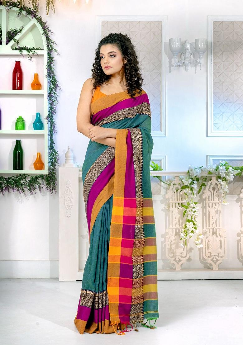 Teal Blue Solid Cotton Blend Saree Set