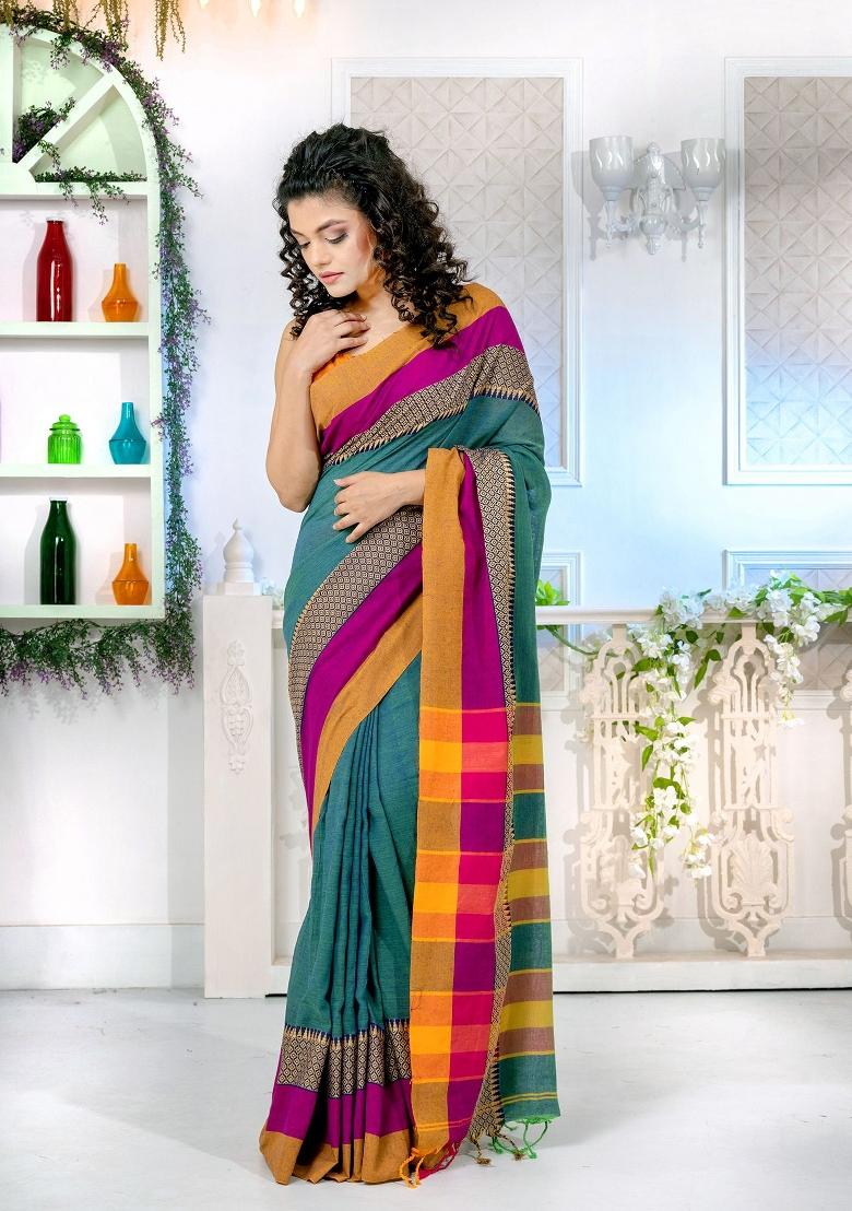 Teal Blue Solid Cotton Blend Saree Set