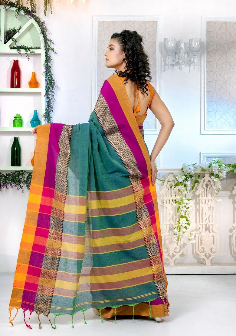 Teal Blue Solid Cotton Blend Saree Set