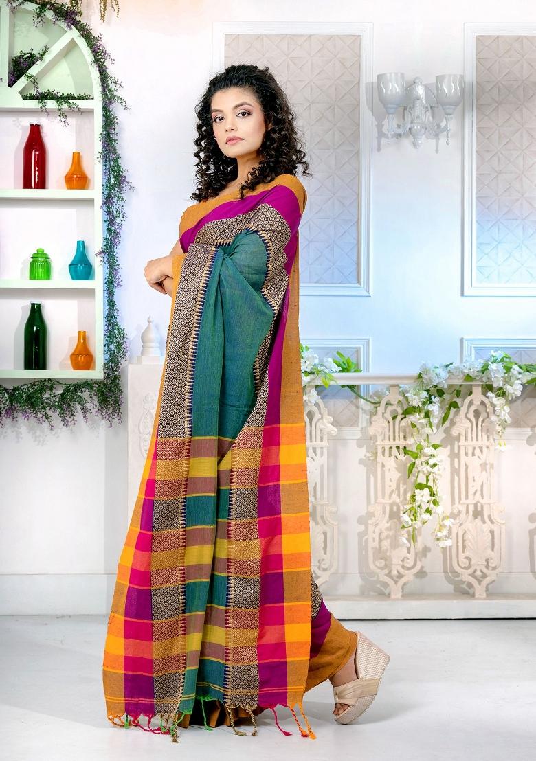 Teal Blue Solid Cotton Blend Saree Set